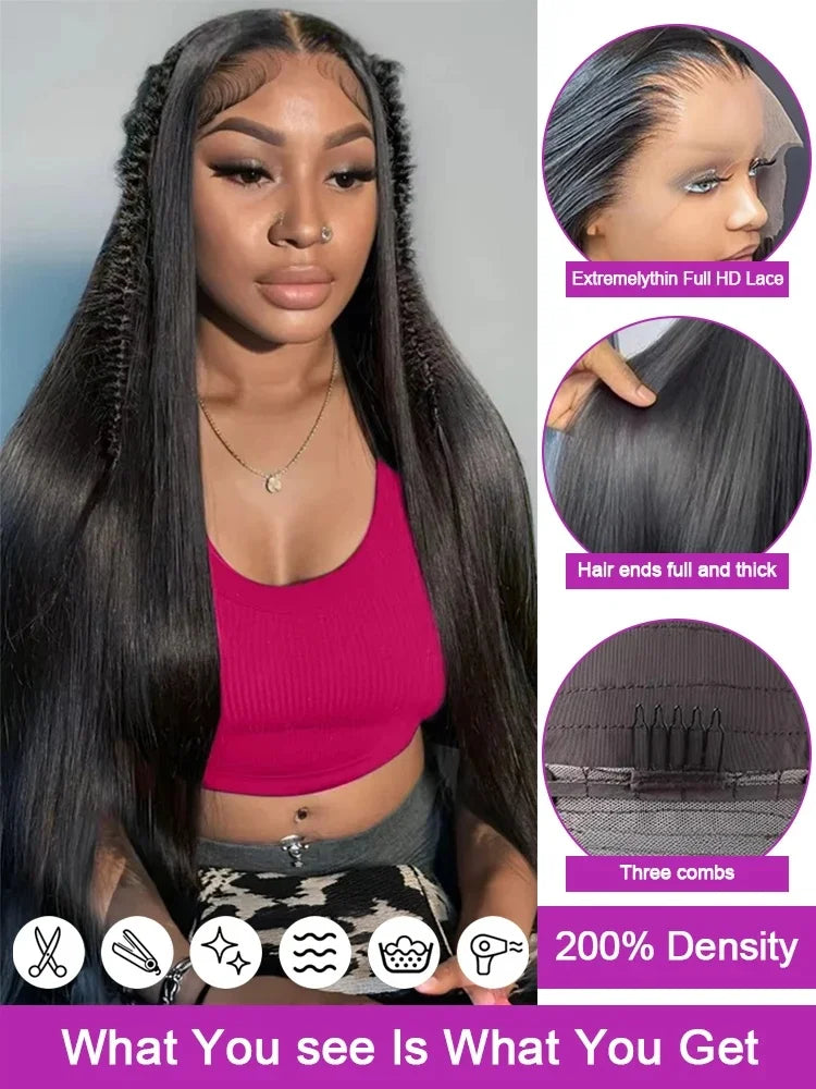 40 46 Inch Bone Straight Lace Frontal Wig 13x4hd Human Hair Wigs 13x6 Hd 200% Density Long Straight Transparent Lace Frontal Wig