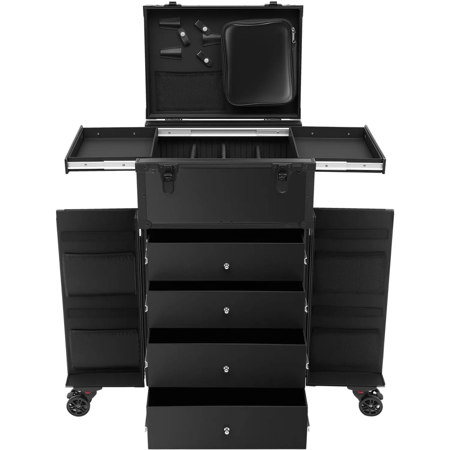 Rolling Makeup Train Case with 4 Drawers&6 Wheels, Foldable Makeup Nail Desk with Safety Lock&Movable Partition, Lockable Manicure Case for Technician Workstation Salon (Black)