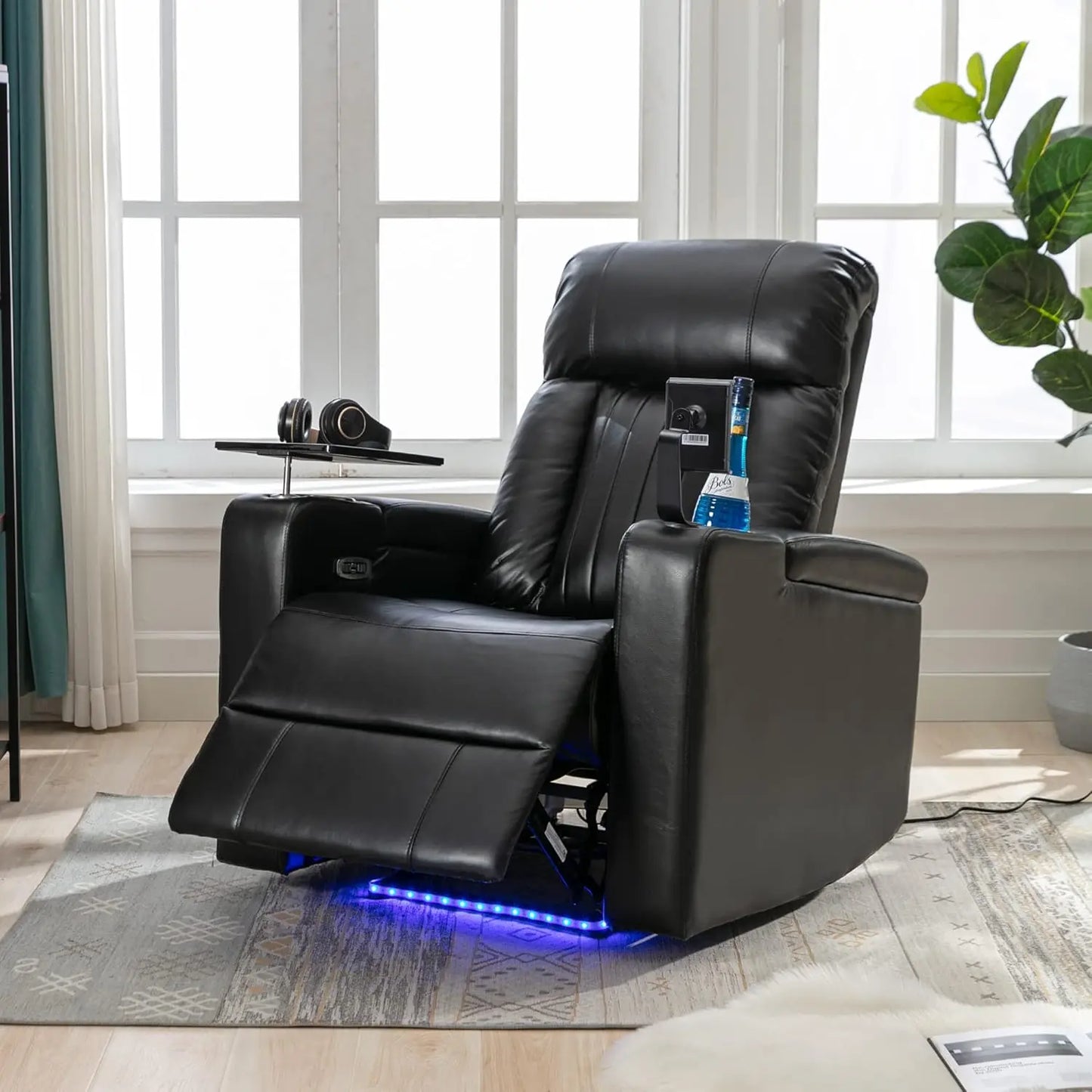 270 Degree Swivel PU Leather Power Recliner Individual Seat Home Theater Recliner with Comforable Backrest, Tray, Customized