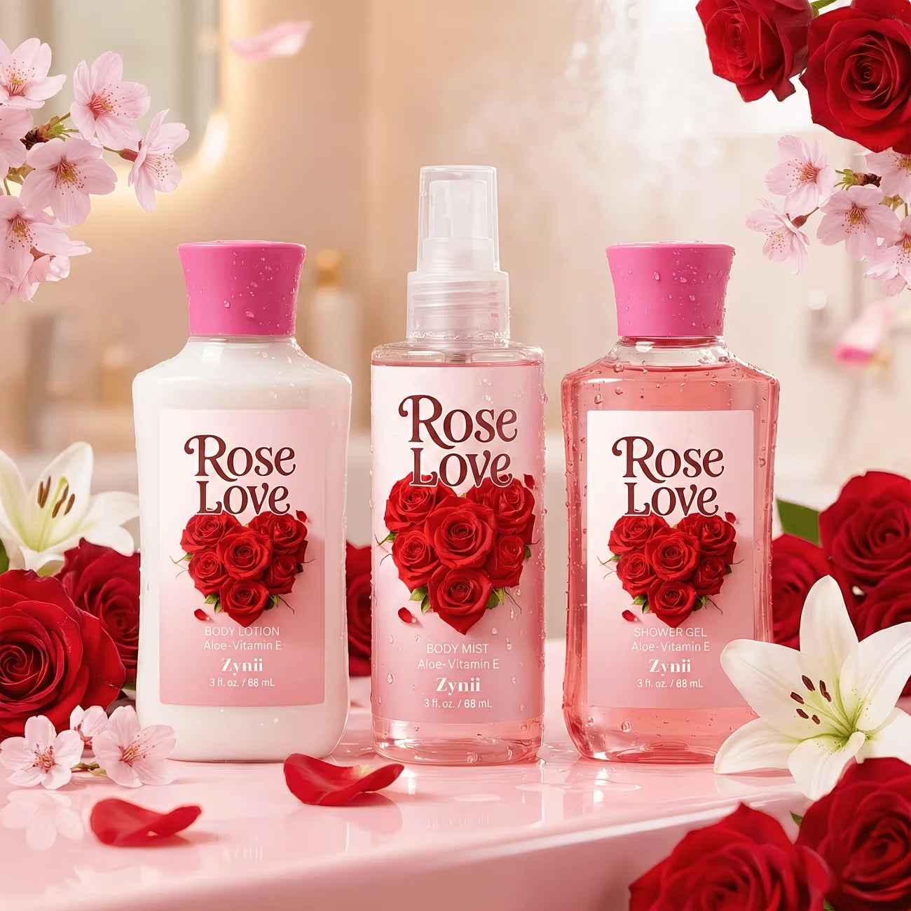 Strawberry Cake, Peach And Rose Bath Set - 88ml Shower Gel, Lotion And Body Mist, Fresh Moisturizing Gift for Her