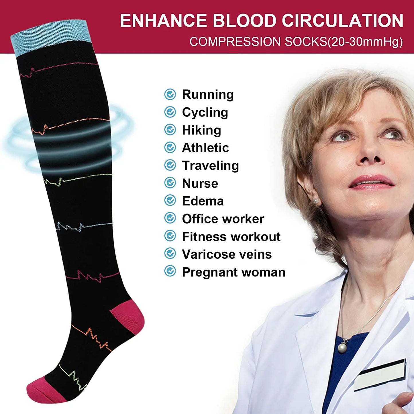 3/6/7 Pairs/Pack Compression Socks Women Men Knee High 30 MmHg Running Sports Socks Edema Diabetes Varicose Veins Socks Dropship