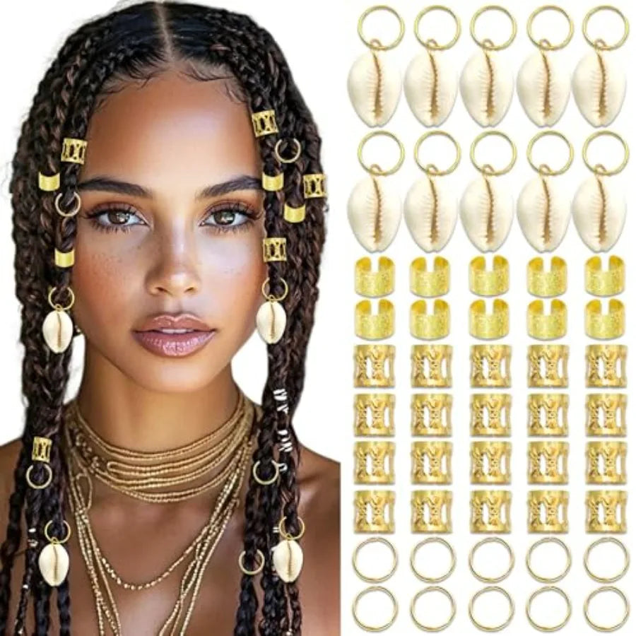 60PCS Shell Hair Jewelry for Braids Seashell Loc Charms Gold Hair Cuffs Rings Multi Styles Dreadlock Braid Clips Hair Accessori