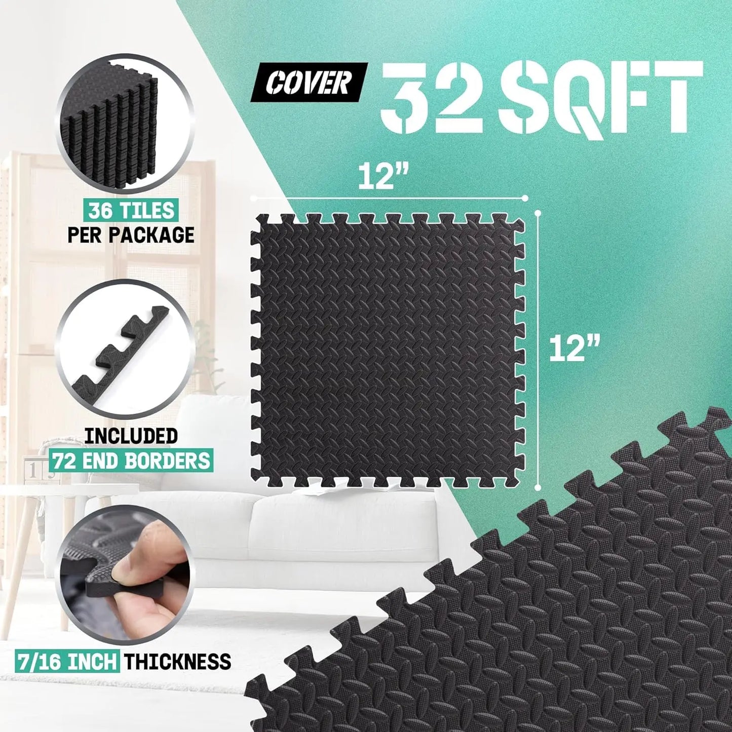 Interlocking Exercise Foam Mats with Border - Gym Floor Tiles, 36 Square Feet (36 Tiles) in Black