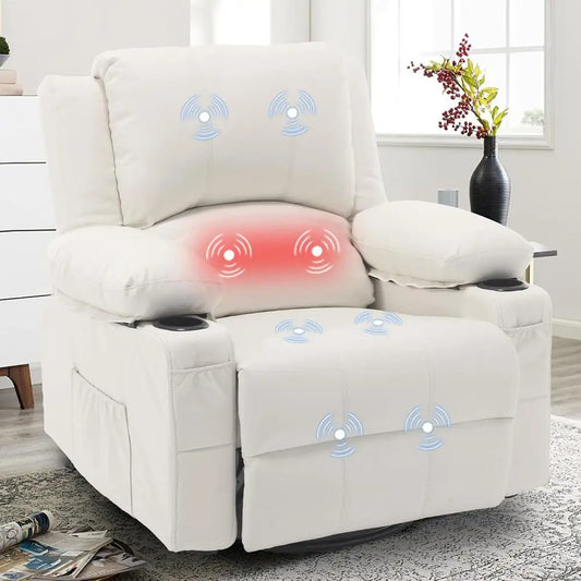 HUANZHUANG Massage Swivel Rocker Recliner With Lumbar Heat PU Leather