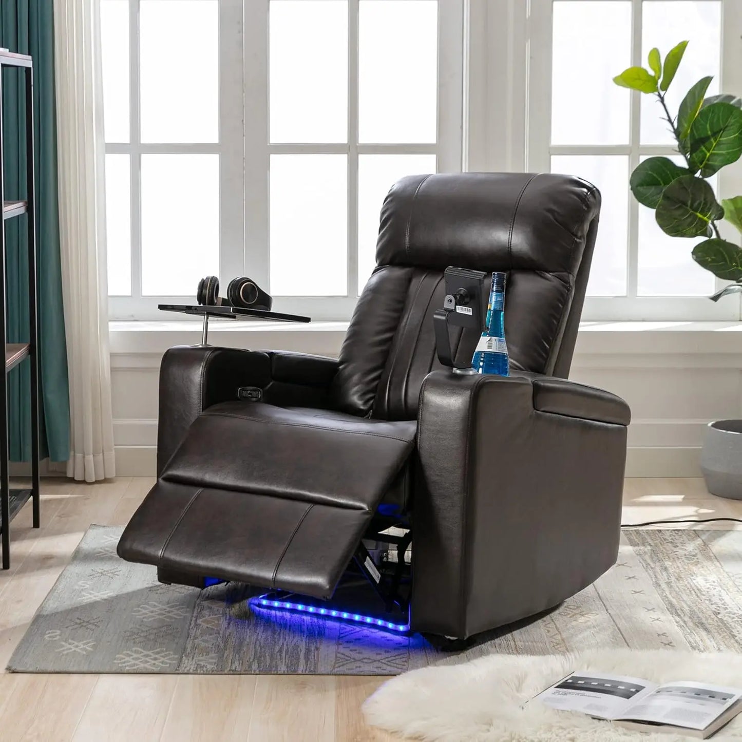 270 Degree Swivel PU Leather Power Recliner Individual Seat Home Theater Recliner with Comforable Backrest, Tray, Customized