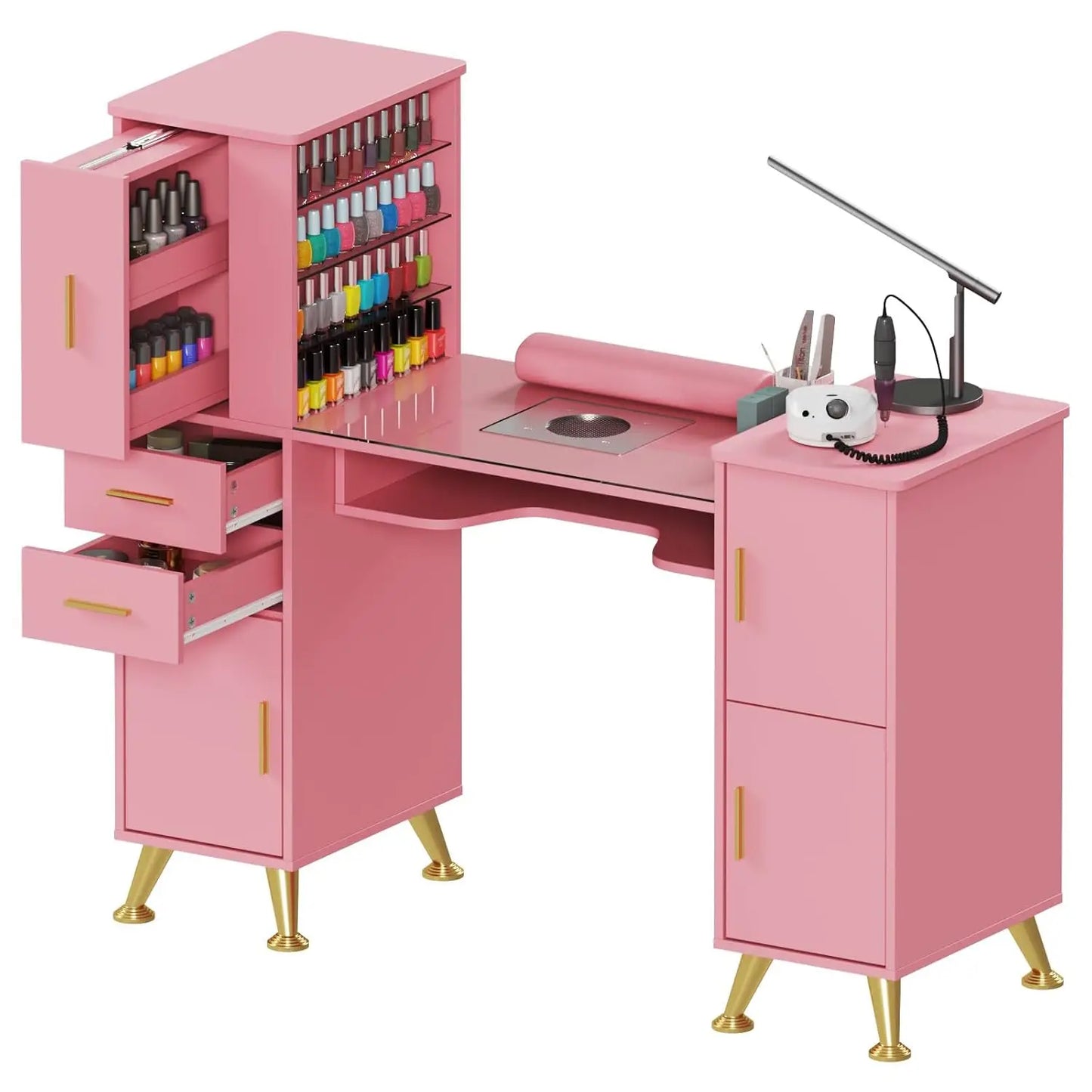 Glass Top Manicure Table w/ Dust Collector, Storage Drawers & Cabinets, Nail Desk for Salon, White, Custom