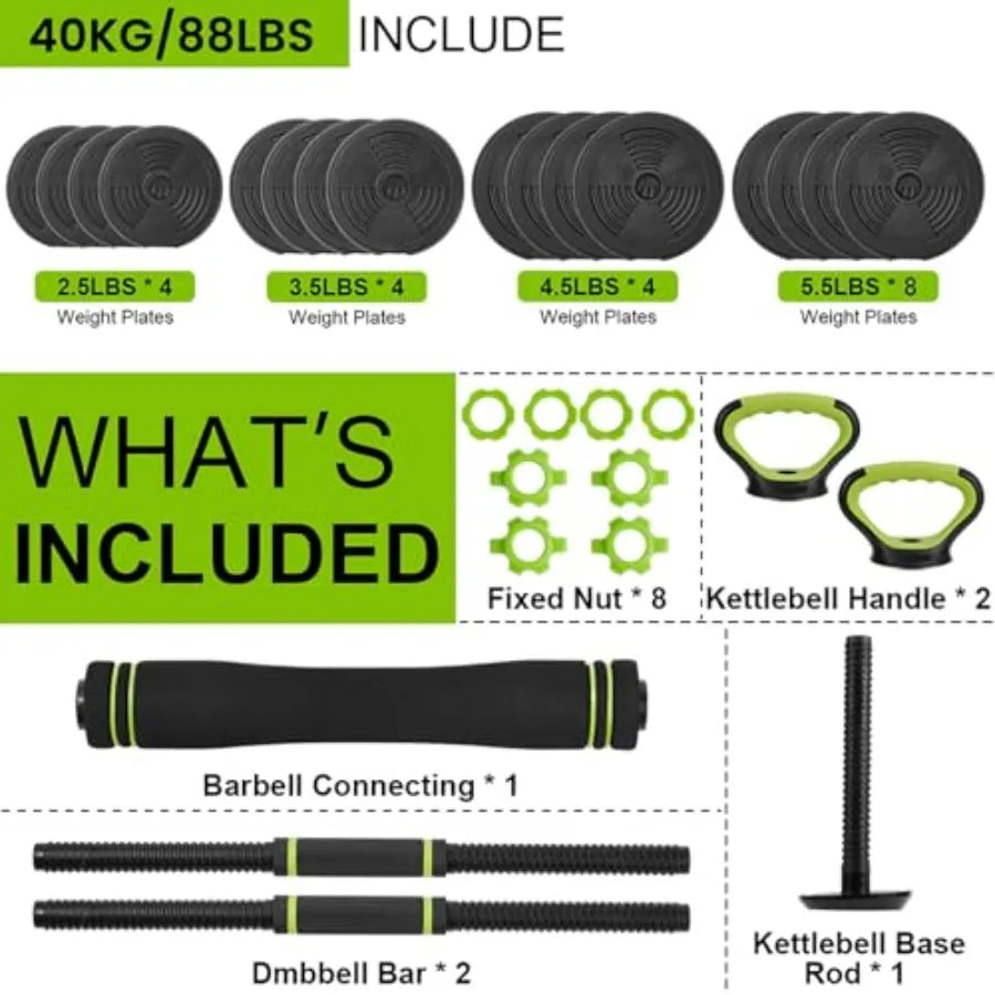 88LB Adjustable Weight Set 4In1 Free Weights for Home Gym: Versatile Dumbbells Barbells Kettlebells Push Up Stand for Women and