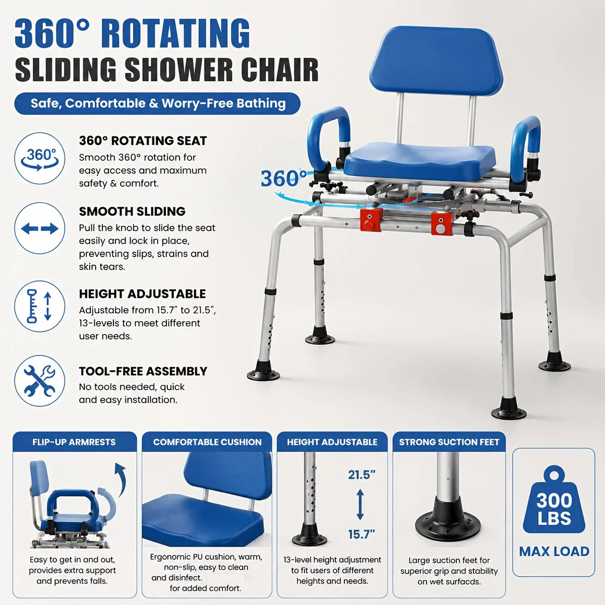 Swivel Sliding Shower Transfer Bench Adjustable Height With Safety Belt