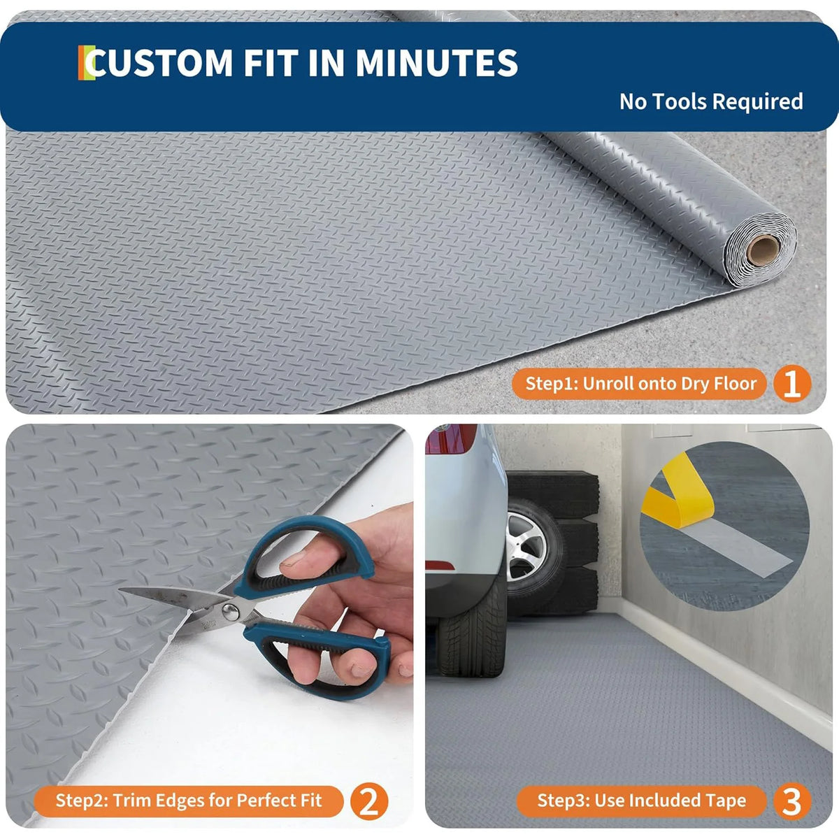 7.5x17FT Industrial Garage Flooring Roll 2.8mm PVC Floor Mat Diamond Tread Under Car Protector Workshop Gym Waterproof Liner