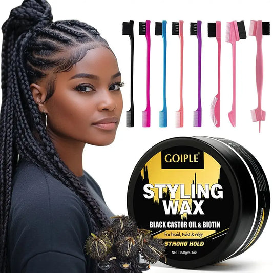 150g Black Castor Oil Edge Control Strong Hold Curly Hair Styling Wax with Biotin Braid Gel for Loc Twist Non-Greasy Tame Frizz