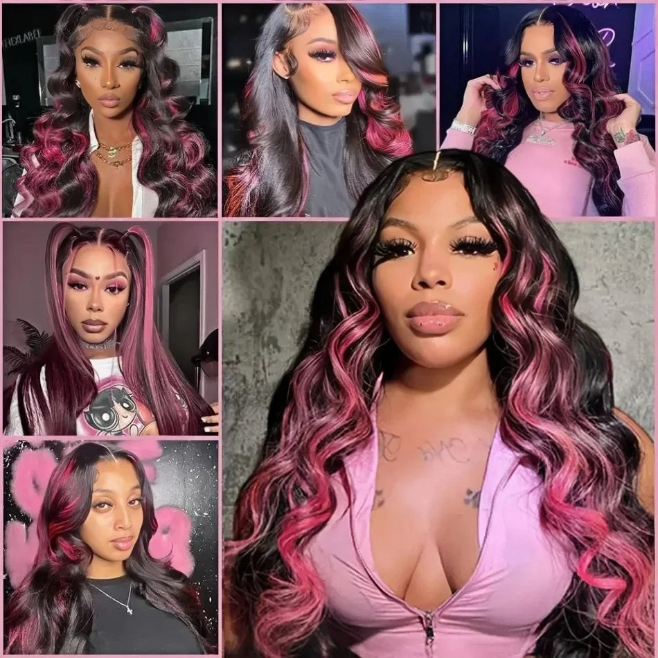 Pink Highlight Ombre Body Wave Human Hair Wigs 13x6 Hd Lace Frontal Wig Colored Pre Plucked Lace Front Wig 250 Density For Women