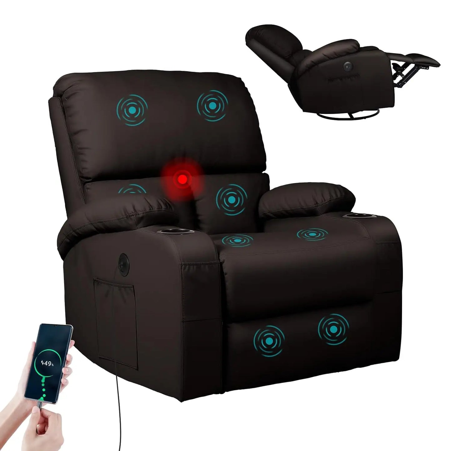 360° Swivel Rocking Recliner Chair with Massage, Heat, USB & Type-C Ports, Comfortable Lounge Seat, Customized