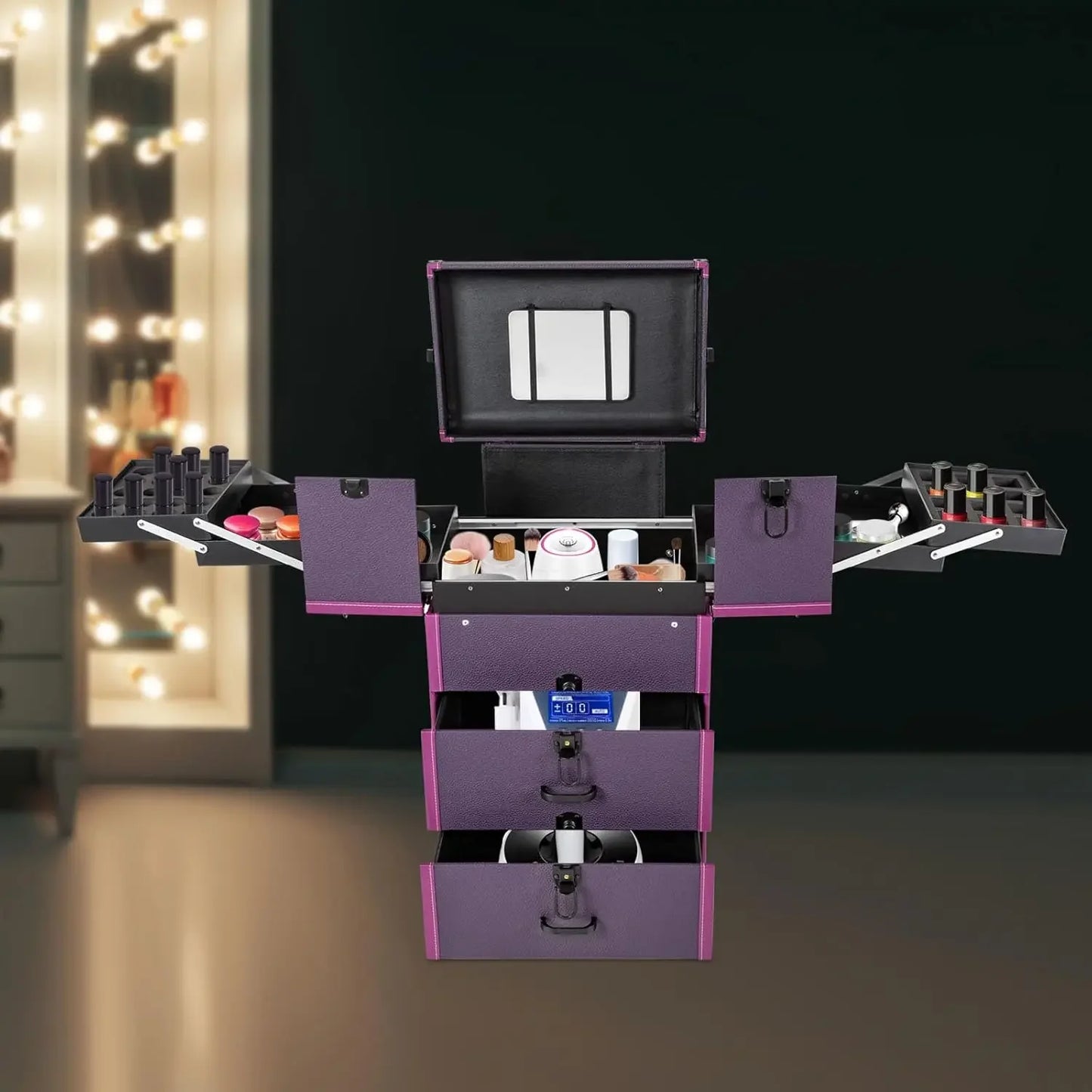 Rolling Makeup Train Case, Makeup Train Case, Large Capacity, Easy To Carry, Rolling Design with Retractable Trays and Drawers