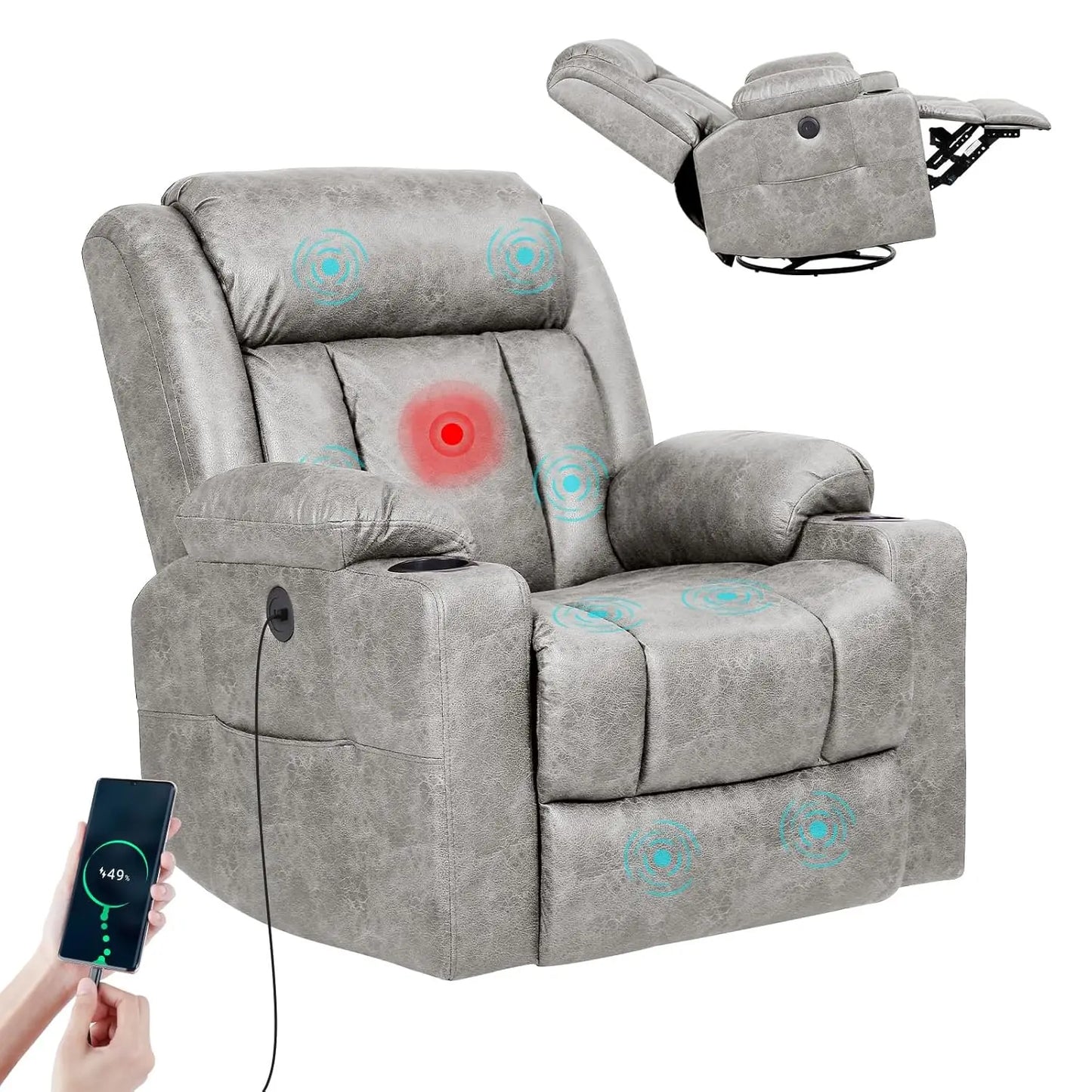 360° Swivel Rocking Recliner Chair with Massage, Heat, USB & Type-C Ports, Comfortable Lounge Seat, Customized