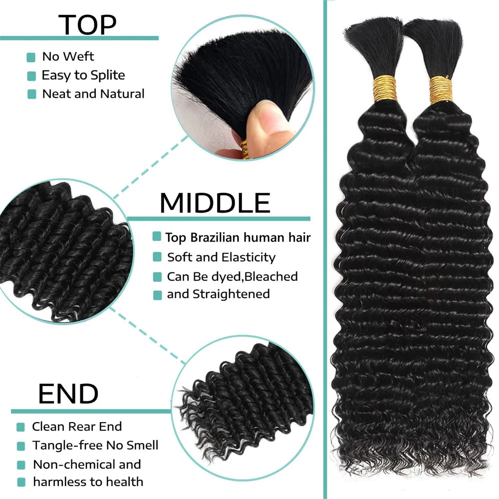 Bulk Human Hair for Boho Knotless Braids Curly Hair Extension Deep Wave Boho Human Hair Natural Color Wet And Wavy Braiding Hair
