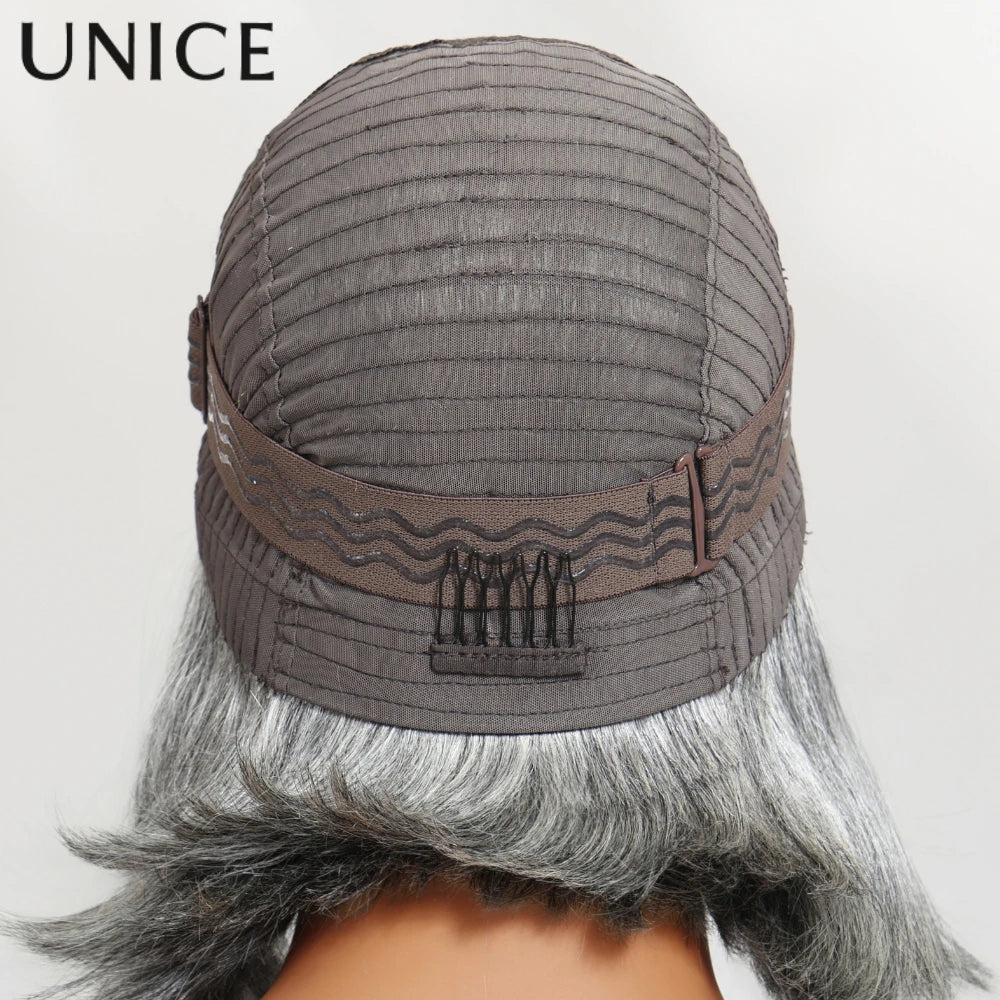 UNICE Hair Layered Blowout Salt & Pepper Glueless Human Hair Wig Pre Cut 6.5x1.5 Lace Short Bob Side Part Grey Wig 150% Density