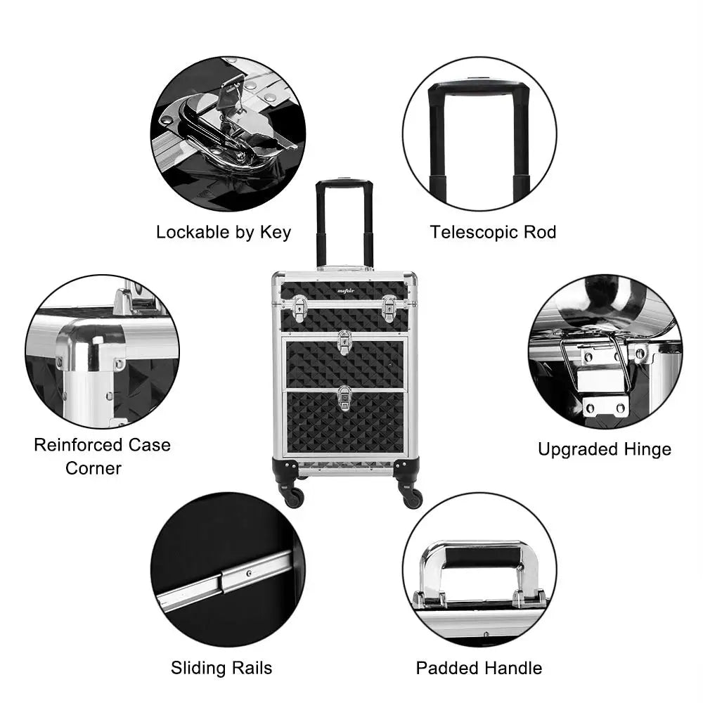 Portable Aluminum Rolling Makeup Case with Lock, Wheels & Drawers for Travel Organizer