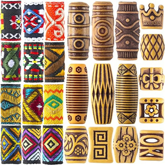 54 PCS Hair Jewelry Braids Fabric Dreadlock Beads Vintage Locks Hair Clips African Tube Beads Simulation Wood Dreadlock Accesso