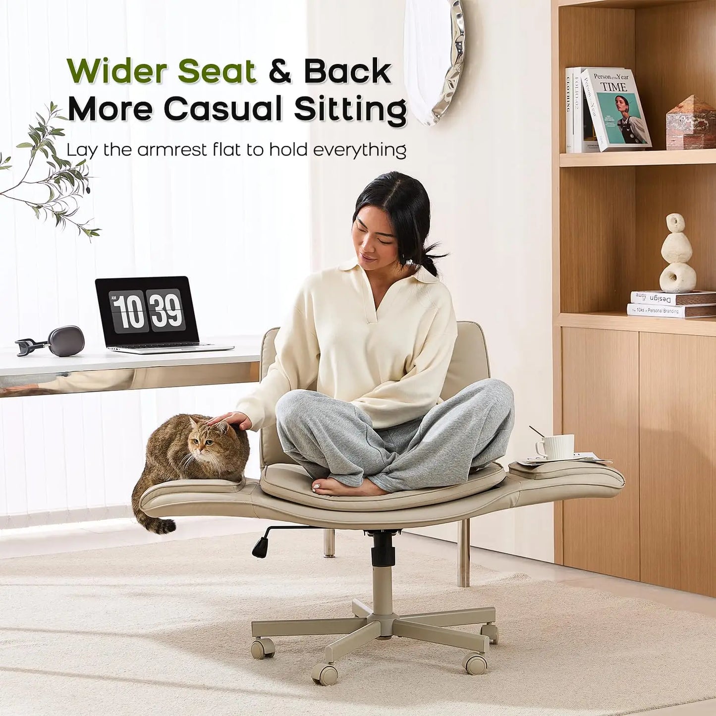 Criss Cross Chair With Armrests & Wheels, PU Leather Vanity Chair, Comfortable Adjustable Swivel Computer Office, Customized