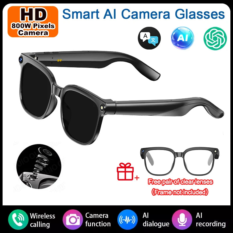 2026 New Video Shooting Smart Glasses, Two Standard Replacement Lenses, Photo And Video AI Glasses, 800W Pixel Ultra-Wide-Angle Camera, High-Definition Video 1080P, Photography And Video Stabilization, Dual Microphone Noise R