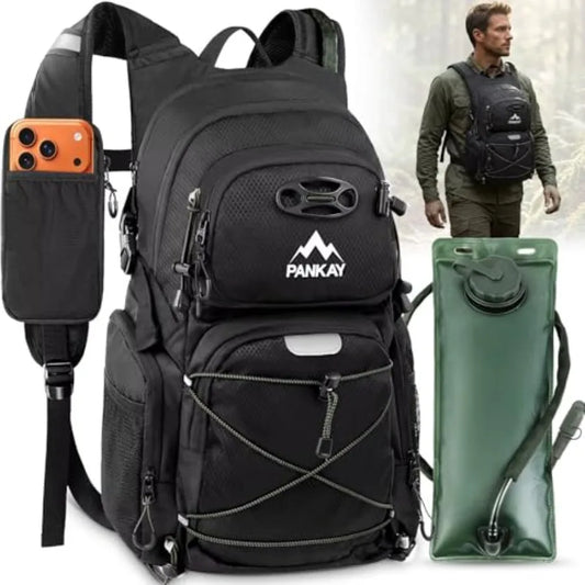 25L Hydration Backpack Hiking, Hiking Backpack with Water Bladder, Detachable Phone Pouch and Helmet Holder, Lightweight Water
