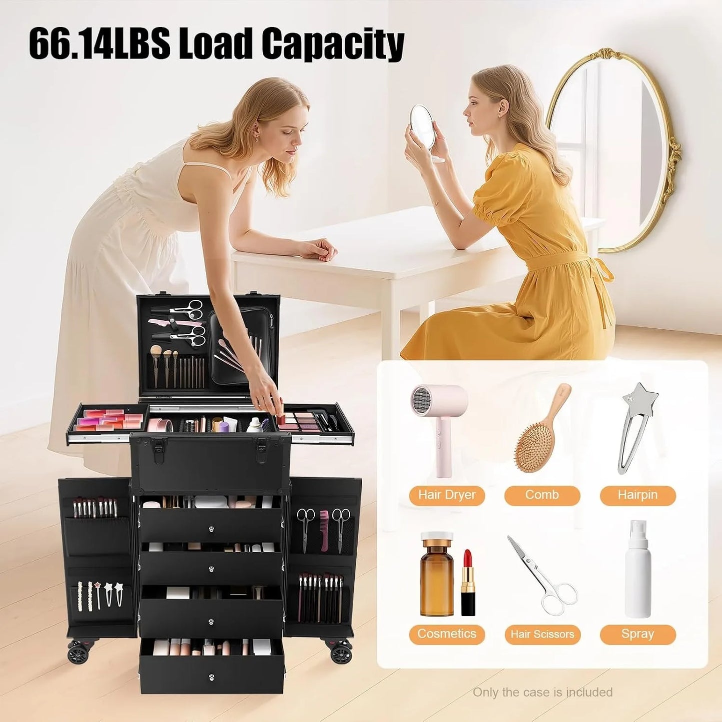 Rolling Makeup Train Case with 4 Drawers&6 Wheels, Foldable Makeup Nail Desk with Safety Lock&Movable Partition, Lockable Manicure Case for Technician Workstation Salon (Black)