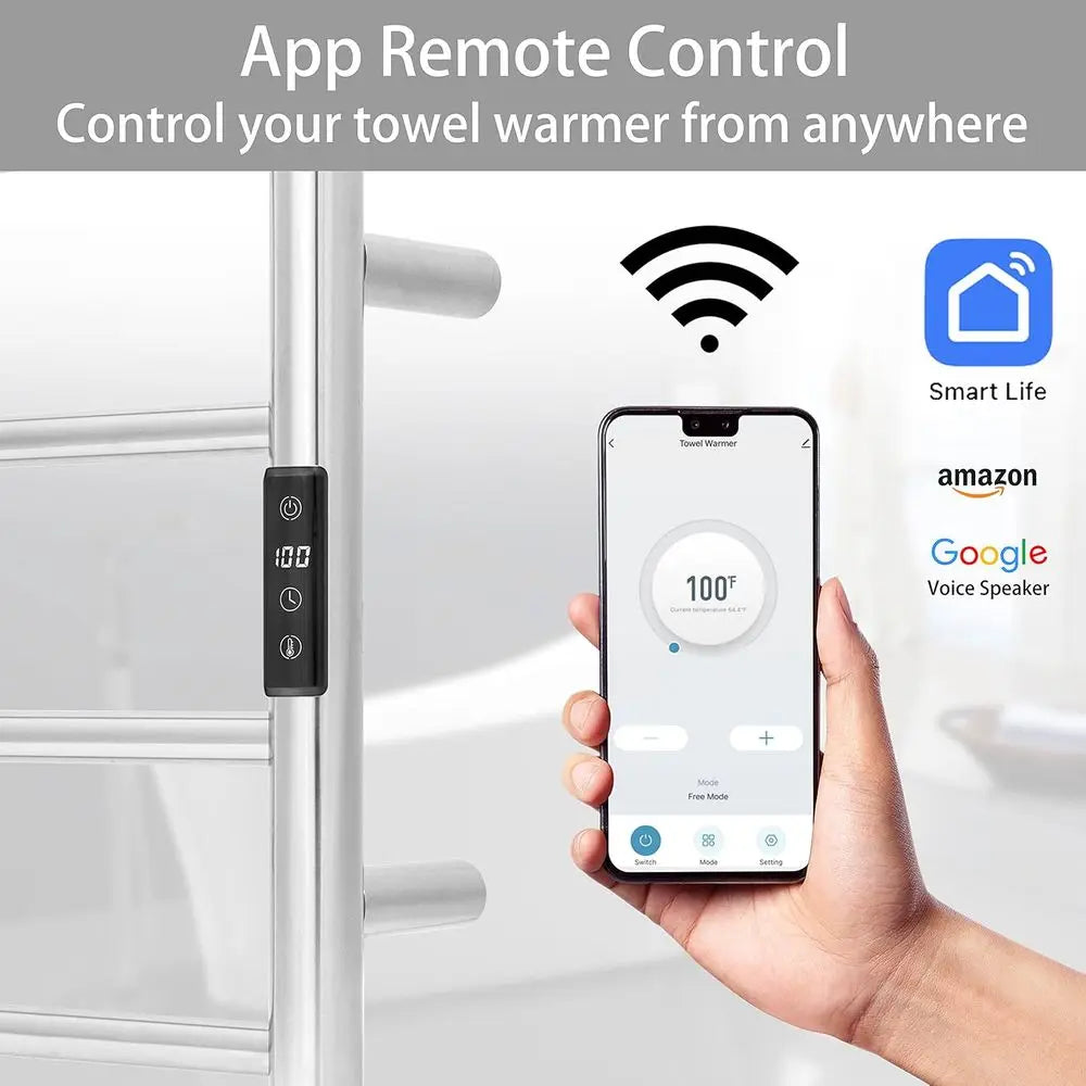 KEG Smart WiFi Towel Warmer Wall Mounted with Built-in Timer and Temperature Adjust Control, 4 Bars Electric Stainless Steel Hea