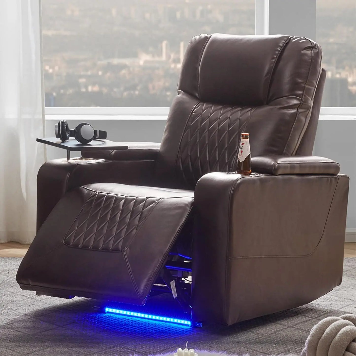 270 Degree Swivel PU Leather Power Recliner Individual Seat Home Theater Recliner with Comforable Backrest, Tray, Customized