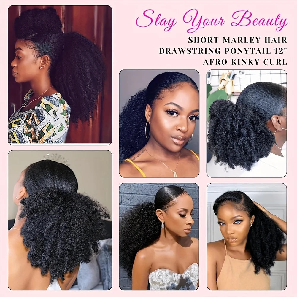 14 Inch Synthetic Afro Kinky Curly Drawstring Ponytail Short Marley Hair Drawstring Ponytail Afro Puff Bun Ponytail Braiding Hair Pony Tail With Clips Synthetic Hair Extension For Women