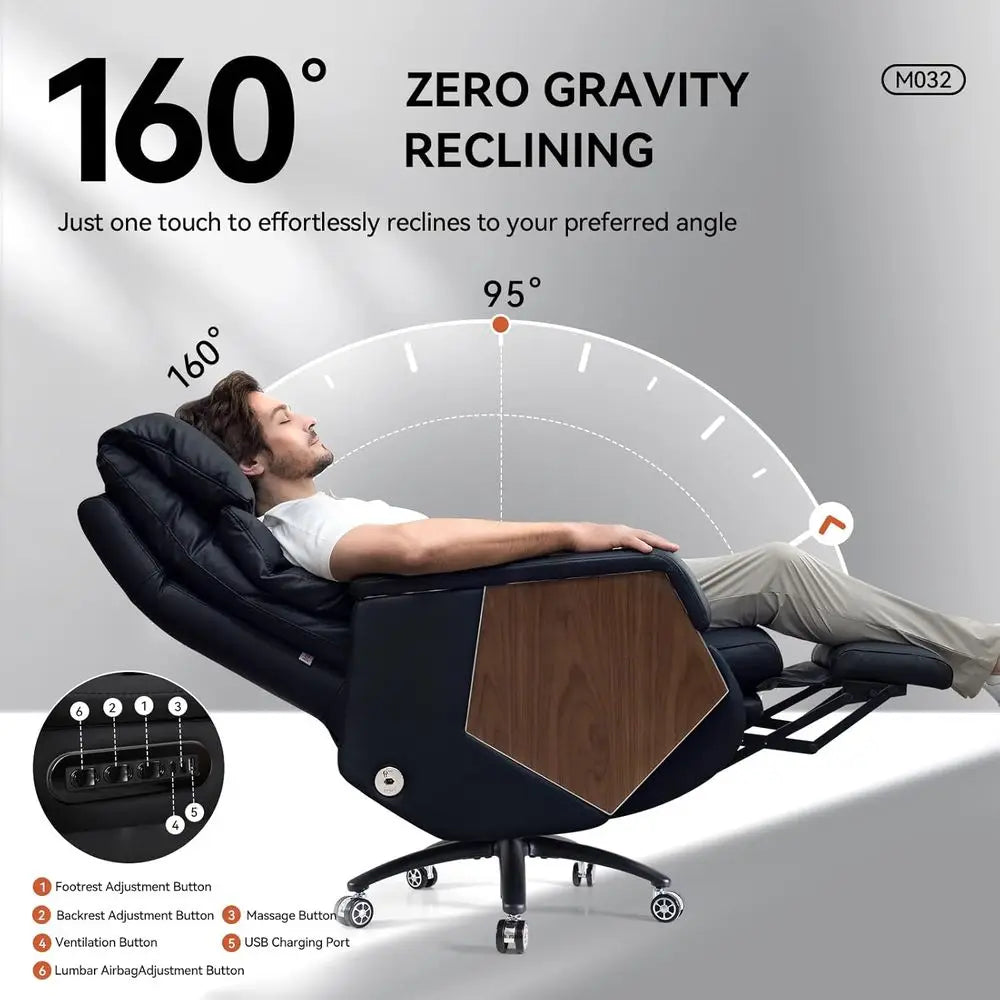 Luxury Leather Executive Chair with Footrest, Electric Recline, Massage, Adjustable Lumbar Support for Big and Tall,Customized