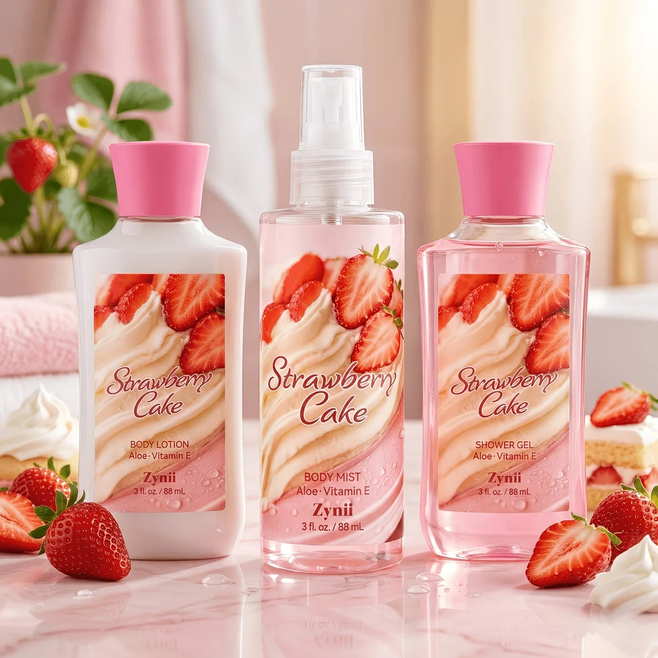 Strawberry Cake, Peach And Rose Bath Set - 88ml Shower Gel, Lotion And Body Mist, Fresh Moisturizing Gift for Her