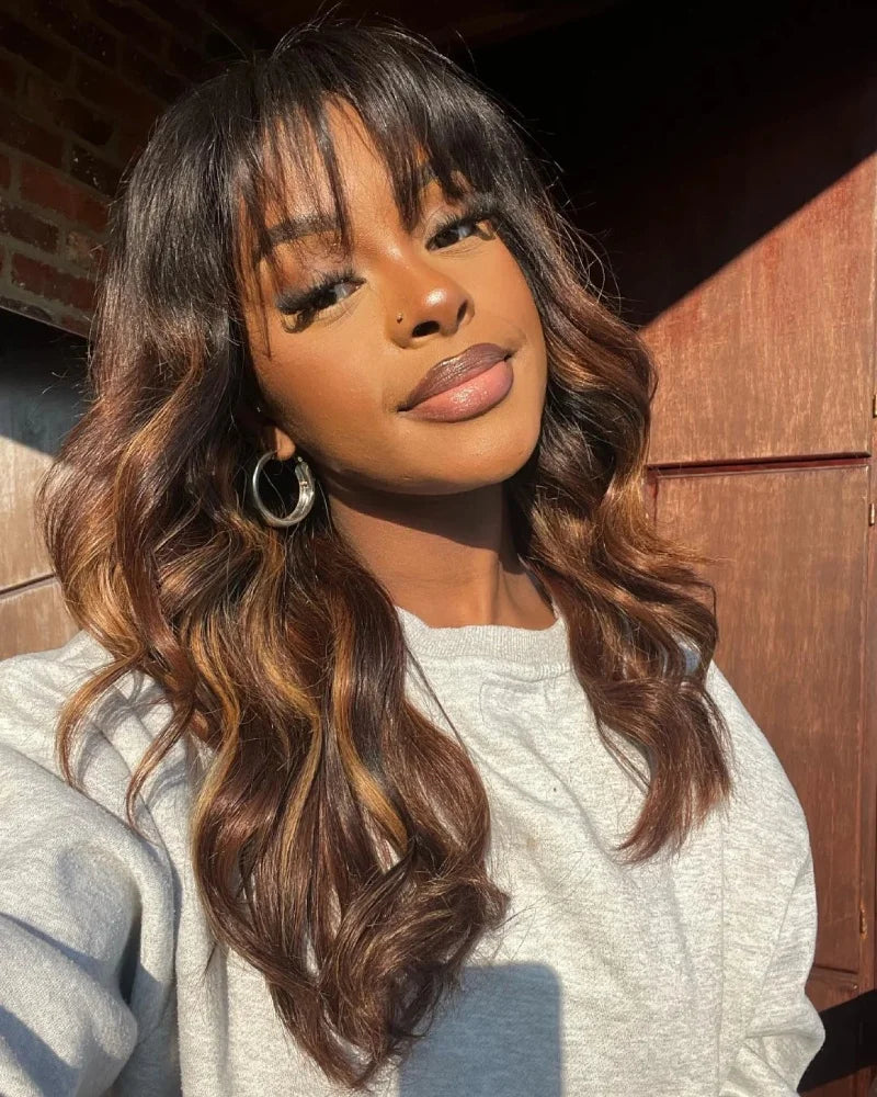 Ombre Chestnut Brown Layered Curtain Bangs Wavy Lace Front Wigs 30 Inch 250 Density Highlight Body Wave Human Hair Wig For Women