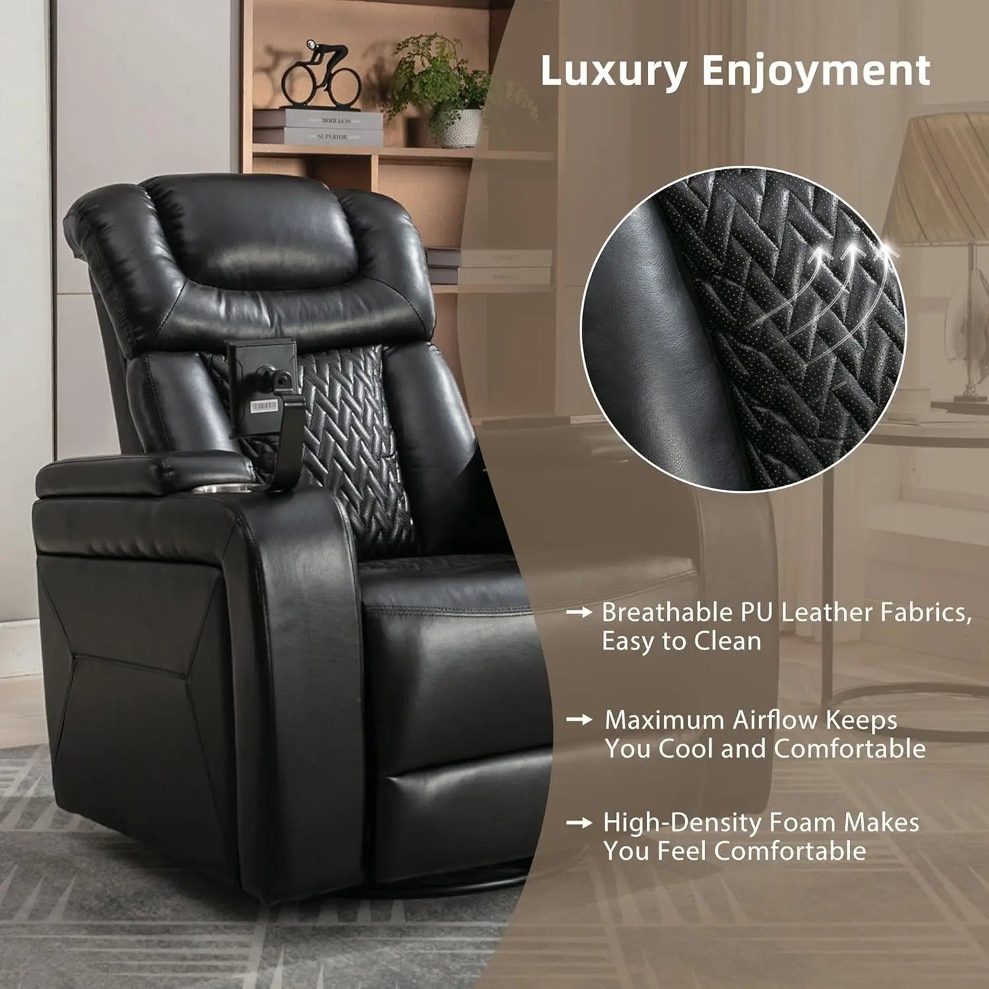 270 Degree Swivel PU Leather Power Recliner Individual Seat Home Theater Recliner with Comforable Backrest, Tray, Customized