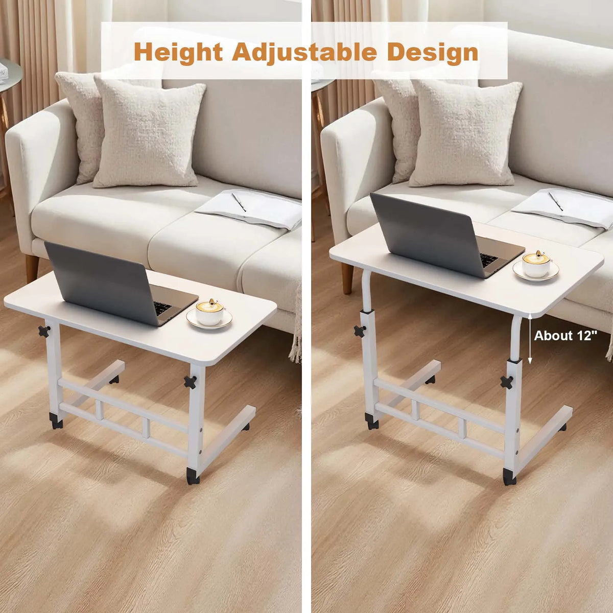 Adjustable Height Standing Desk with Wheels – Mobile C-Shape Laptop Workstation for Home Office, Bedroom & Sofa – Compact Design with Lockable Casters – White