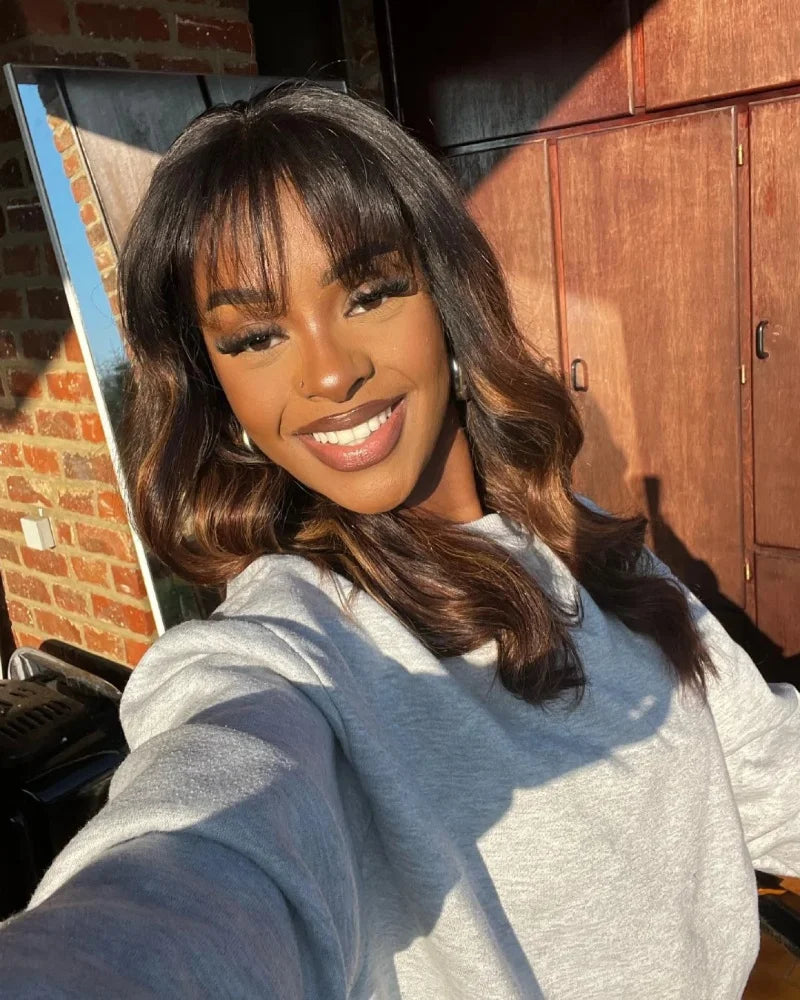 Ombre Chestnut Brown Layered Curtain Bangs Wavy Lace Front Wigs 30 Inch 250 Density Highlight Body Wave Human Hair Wig For Women