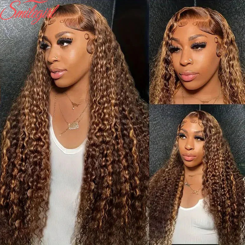 Highlight Ombre Lace Frontal Wig Human Hair 180% Density Deep Wave Human Hair Wigs For Women P4/27 Curly HD Transparent Lace Wig