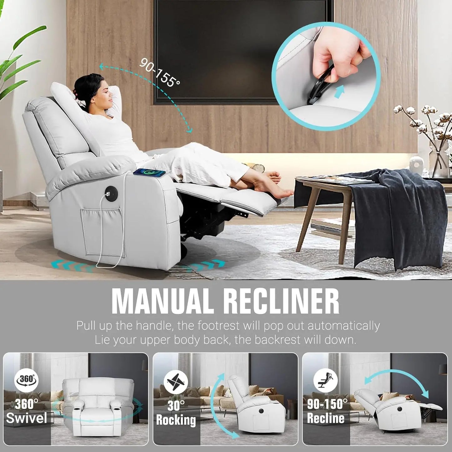 360° Swivel Rocking Recliner Chair with Massage, Heat, USB & Type-C Ports, Comfortable Lounge Seat, Customized
