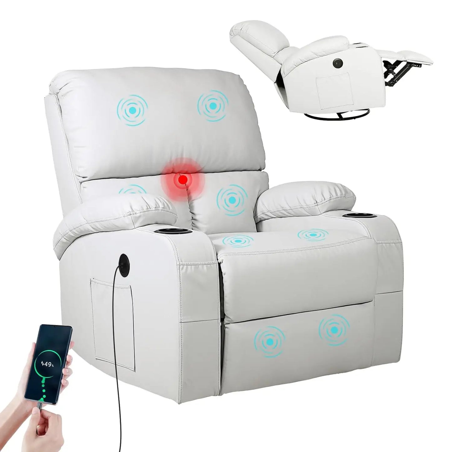 360° Swivel Rocking Recliner Chair with Massage, Heat, USB & Type-C Ports, Comfortable Lounge Seat, Customized
