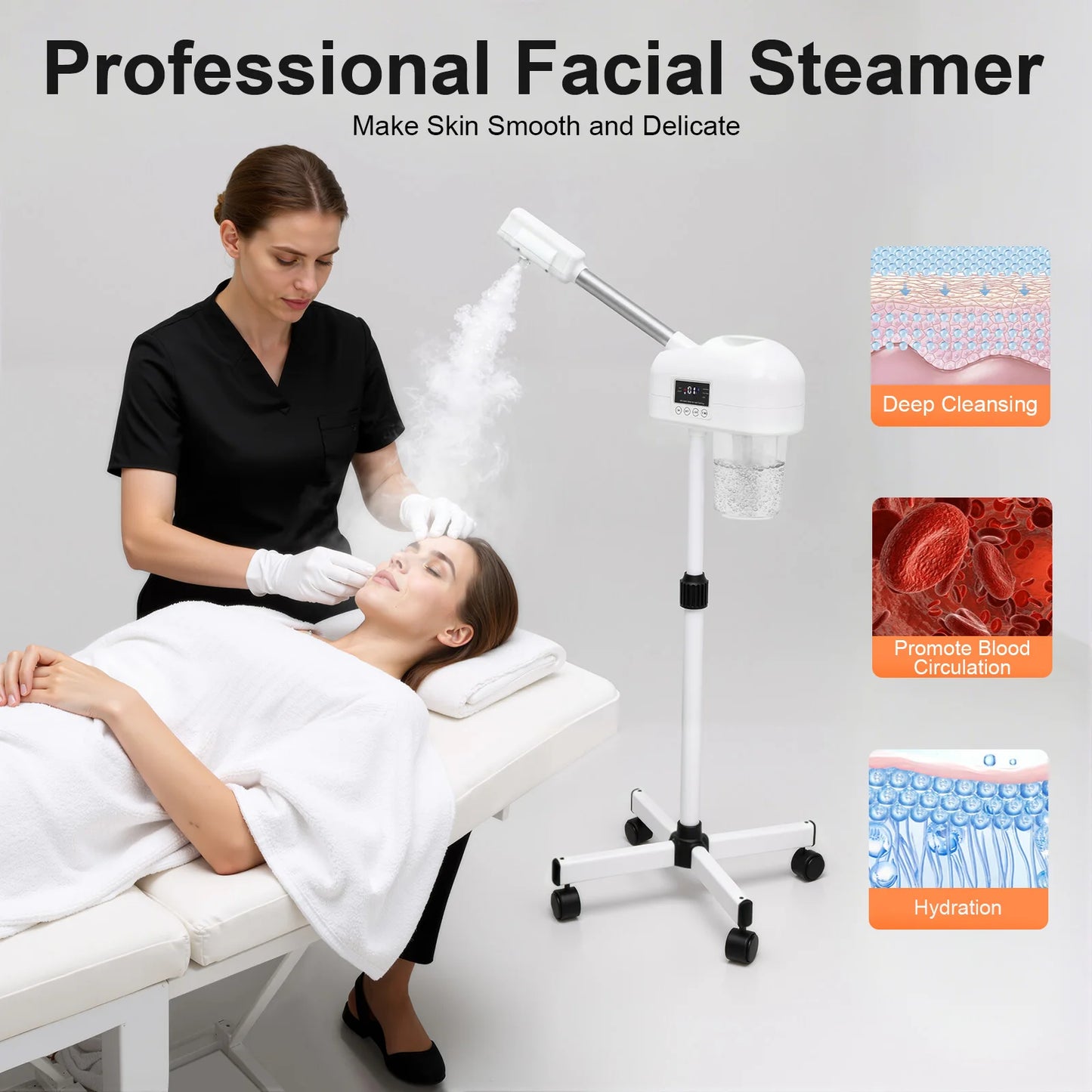 360° Adjustable Standing Facial Steamer,SPA Grade Ozone Steam Machine with PTC Heating - Deep Hydration & Pore Cleansing