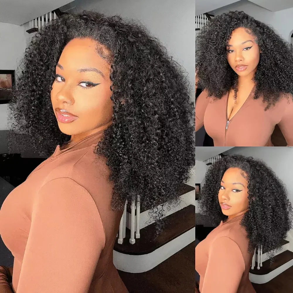 3 In 1 Human Hair Half Wig Glueless Drawstring Clip In Kinky Curly Headband Wig Natural Color Seamless Natural Looking For Women