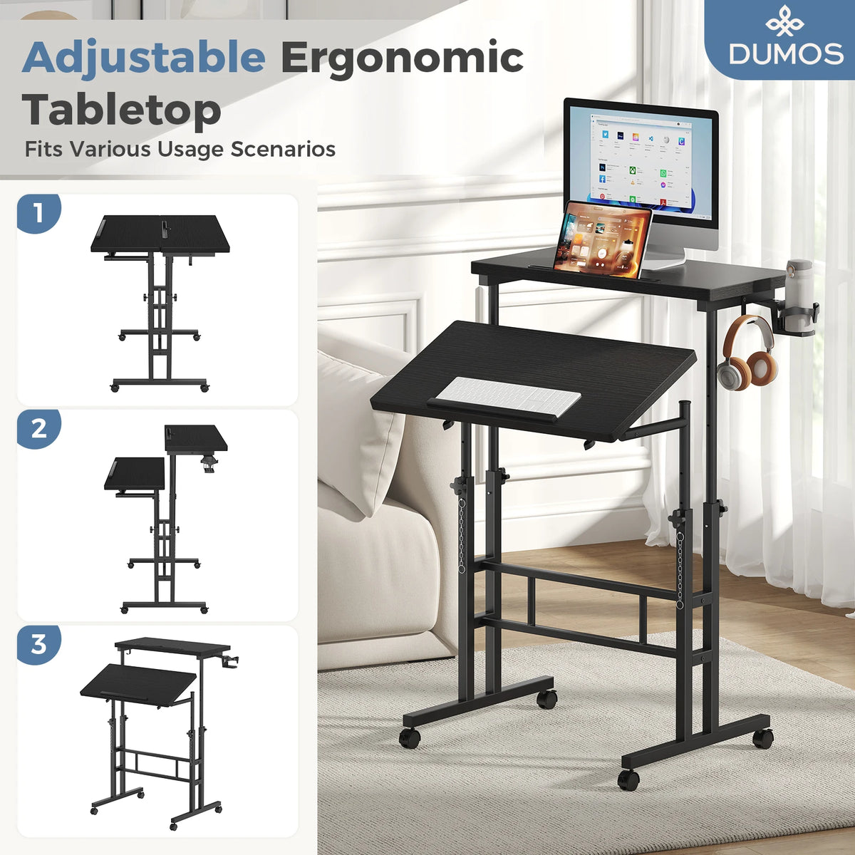 MCQ 23.6 Inch Rolling Standing Computer Desk Mobile Ergonomic Height Adjustable Corner Gaming Desk Table for Home Office Workstation