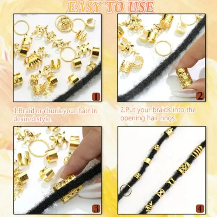 220PCS Gold Hair Jewelry Dreadlock Cuffs Braids Clips Metal Hair Cuff Rings Loc Charms Hair Beads Decorations Accessories for W