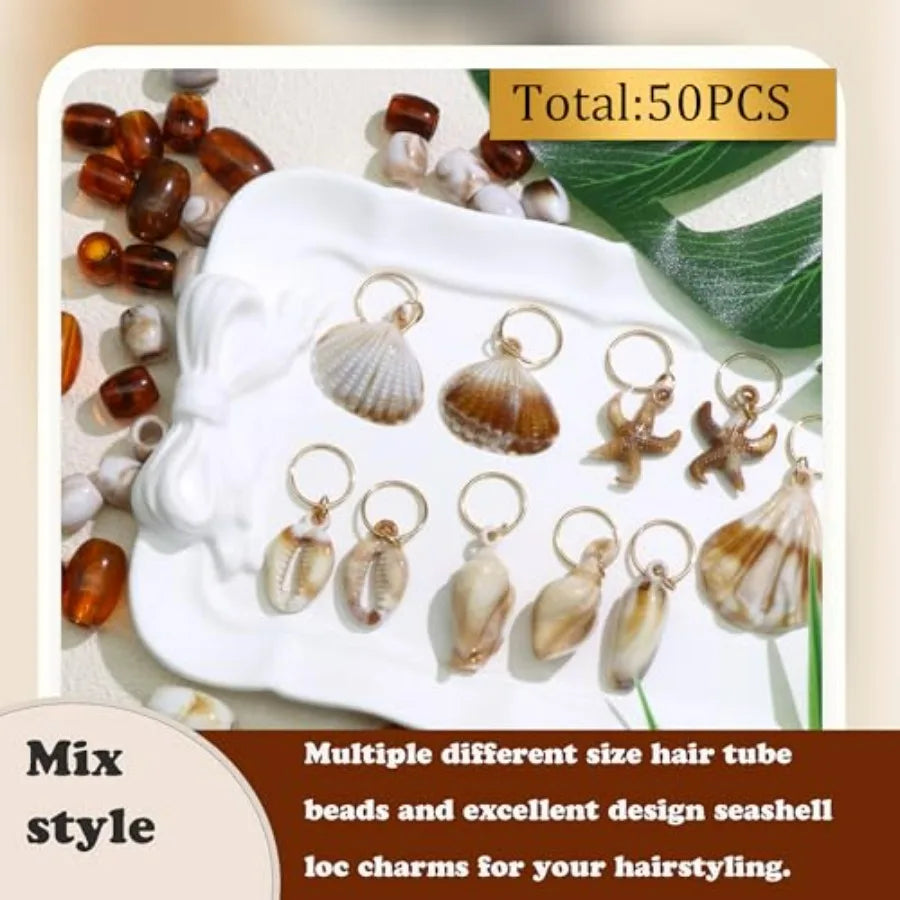 50PCS Shell Hair Jewelry for Braids Starfish Loc Dreadlock Charms Tansparent Brown White Braid Hair Tube Bead for Women