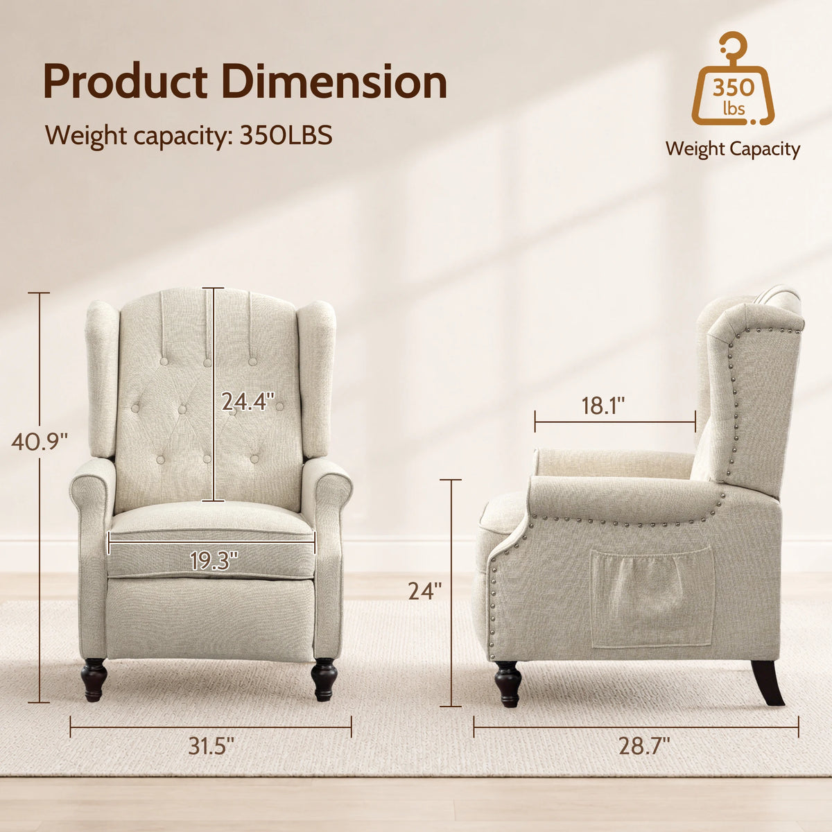 TCGBKAF Mid Century Wingback Massage Heated Recliner Chair Button Tufted
