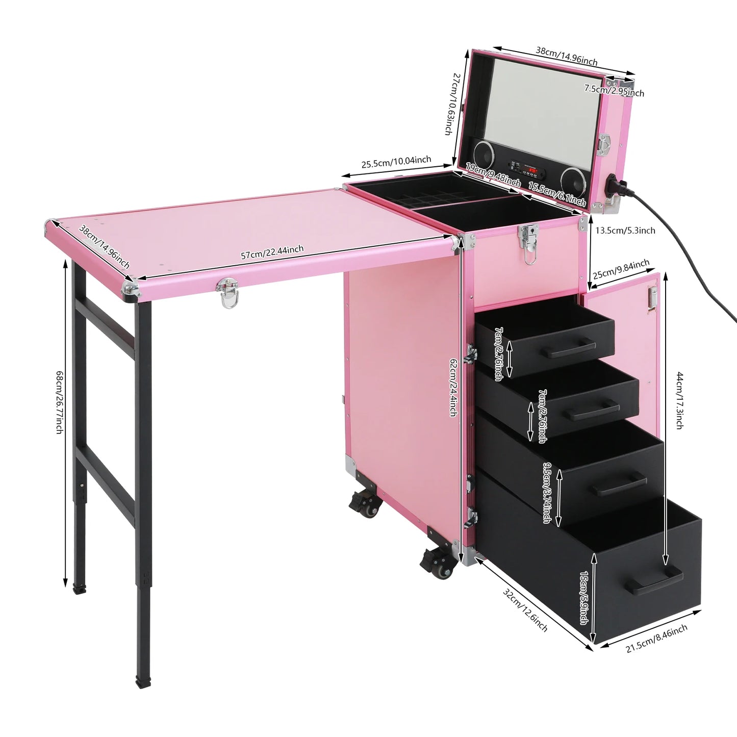 Rolling Manicure Makeup Table with 2 Built-In Bluetooth Music Speakers Portable Mirror Remote Control Professional Makeup Case