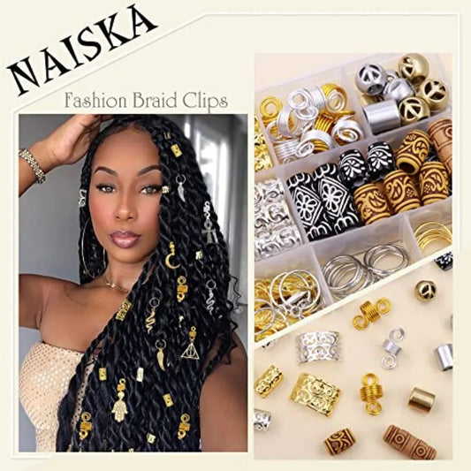 184Pcs GoldHair Jewelry for Braids Metal Alloy Snake Braid Clips Dreadlocks Accessories Loc Adornment Wood Beads Hair Charm Hai
