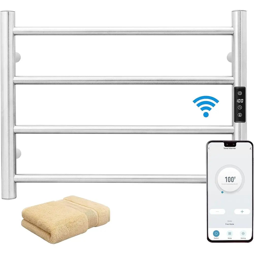 KEG Smart WiFi Towel Warmer Wall Mounted with Built-in Timer and Temperature Adjust Control, 4 Bars Electric Stainless Steel Hea