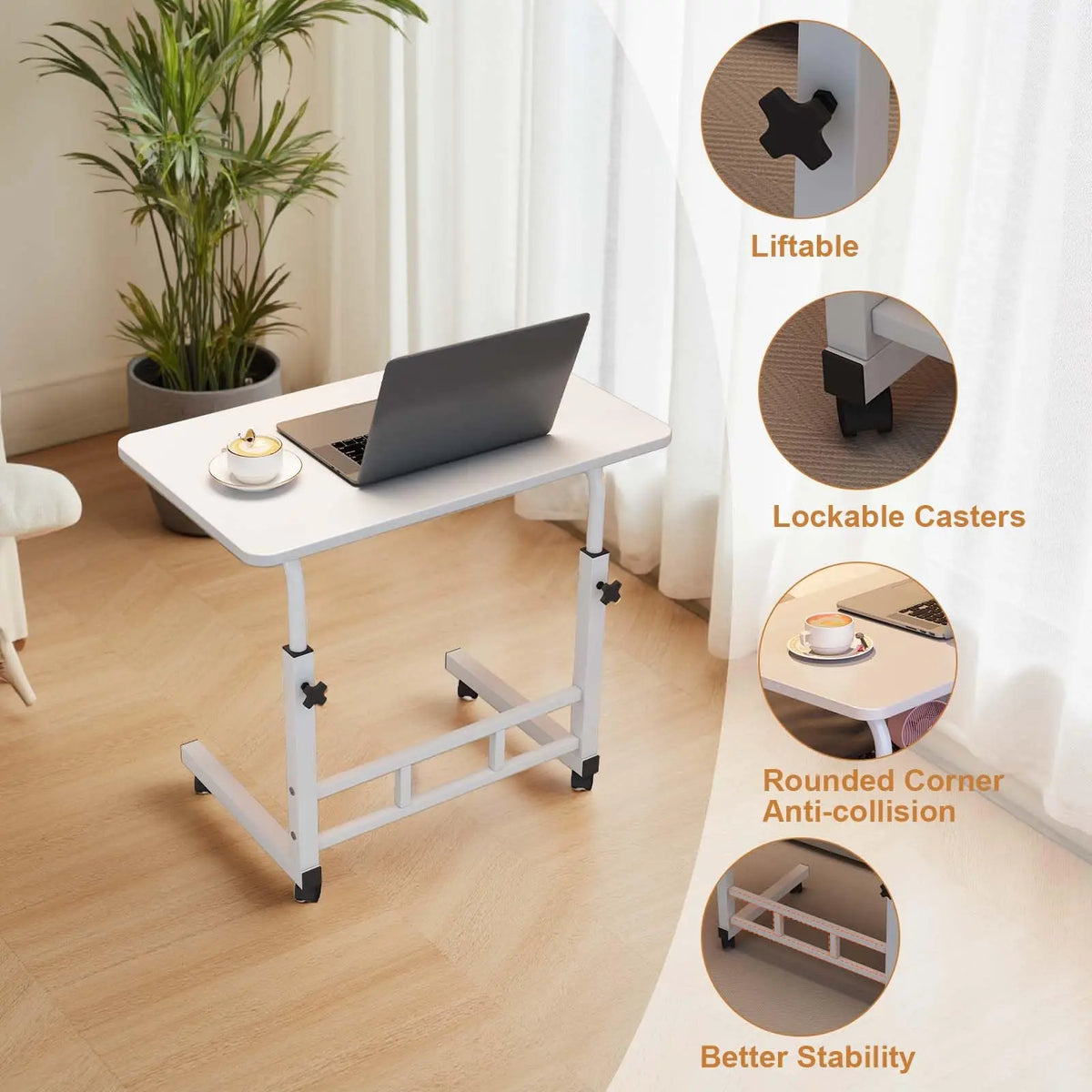 Adjustable Height Standing Desk with Wheels – Mobile C-Shape Laptop Workstation for Home Office, Bedroom & Sofa – Compact Design with Lockable Casters – White