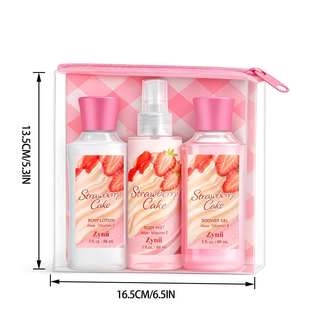 Strawberry Cake, Peach And Rose Bath Set - 88ml Shower Gel, Lotion And Body Mist, Fresh Moisturizing Gift for Her
