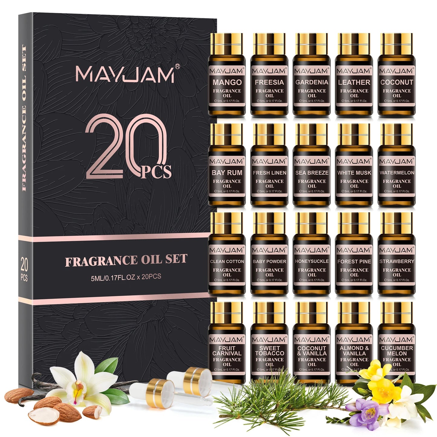 MAYJAM 20 Bottles Essential Oils Gift Box Lavender Jasmine Eucalyptus Vanilla Patchouli Citronella Sandalwood Rose Orange Scents